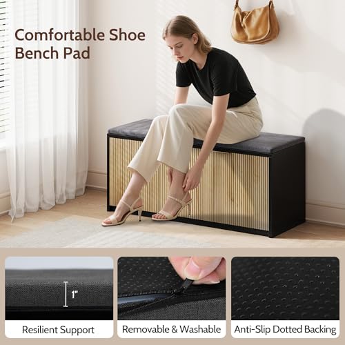 2-Tier Shoe Storage Bench with 3 Doors & Adjustable Shelf, Removable Padded Seat Cushion, 41.3" Entryway Bench for Living Room, Bedroom, Hallway – Wood Grain & Black Modern Farmhouse Design - color: Natural & Black, size: 41.3"