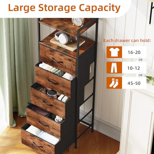 Somdot Tall Nightstand for Bedroom, Tall 5 Drawers Dresser, Vertical Storage Tower Unit, Nightstand Furniture with Fabric Drawer Organizer in Bedside Kids Room, Laundry Entryway, Wood Grain Print - color: Wood Grain Print, size: 11.4"D x 15.2"W x 42.1"H (