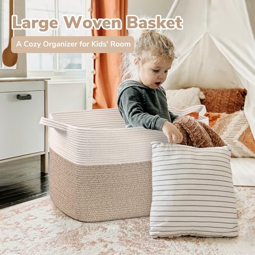 Goodpick Extra Large Woven Blanket Basket, 23.6" x 15.7" x 13.8" Storage Organizer for Blankets, Toys, Dirty Clothes, Rectangle Cotton Rope Basket for Living Room, Nursery, Bedroom - color: White & Light Brown, size: X-Large(23.6"L x 15.7"W x 13.8"H)