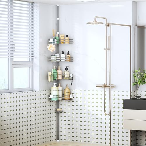 HapiRm Corner Shower Caddy Organizer - Shower Organizer Corner with Soap Holder, Toothbrush Holder and 4 Hooks, Rustproof Bathroom Shelf Tension Pole Available for 27.6 to 108.3 Inch - Silver - color: Silver