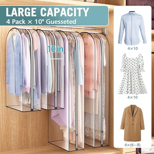 Liuoud Clear Garment Bag for Hanging Clothes 10” Gusseted, 40&60” Suit Bags for Open Closet Storage Plastic Clothes Cover for Coat, Dress, Shirts, Fur, Jacket, Wardrobe Protectors, 4 Pack - color: Clear, size: 40+60 inch