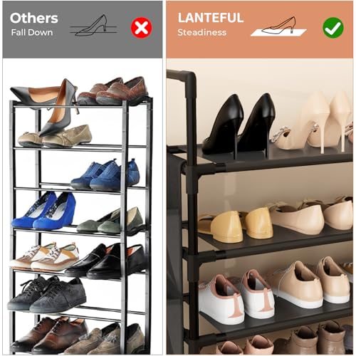 LANTEFUL 6 Tier Shoe Rack, Shoe Organizer Storage for 24-30 Pairs Shoe and Boot, Long Shoe Shelf with Hook and Side Pocket Free Standing Tall Shoe Rack Organizer for Closet, Entryway, Dorm - color: Black