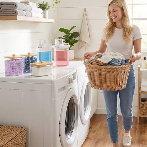 Homde Clear Laundry Detergent Dispenser: 3+2 Pack Reusable Pods Container with Lids for Dryer Balls - Plastic Sheets Holder Set for Scent Booster