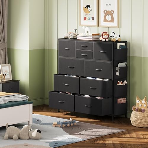 WLIVE Dresser for Bedroom with 10 Drawers, Fabric Dresser Chest of Drawers with Side Pockets and Hooks, Sturdy Metal Frame, Drawers Organizer Unit for Living Room, Hallway, Black - color: Black