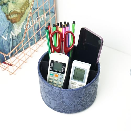 Hennaja Round Leather Art Supply Organizer,Remote Control Holder,360 Degree Spinning,Multi-Functional Pencil Holder,4 Compartments Desktop Stationary Organizer(1-Carved Blue) - color: 1-Carved Blue