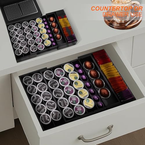 MinBoo Bamboo Drawer Organizer - Expandable K Cup & Pods Holder, Coffee Pod Storage, Tea Organizer, Versatile Kitchen Accessory Organization and Storage，Black - color: Black