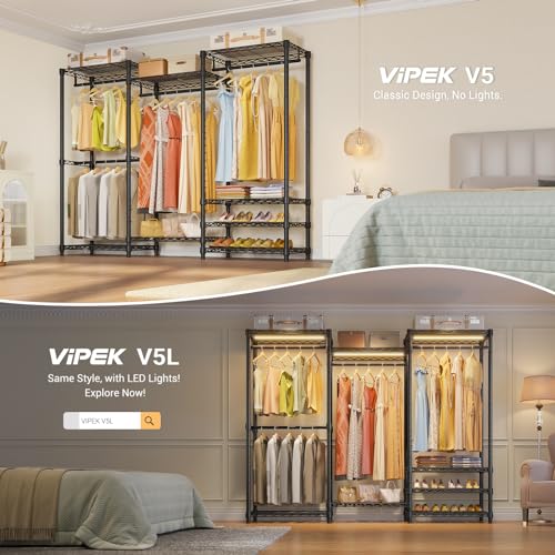 VIPEK V5 Heavy Duty Clothes Rack, Portable Closet Wardrobe with 4 Hanging Rods & 8 Shelves, Freestanding Adjustable Garment Rack for Bedroom, Walk-in Closet, 890 lbs Capacity, Black, 68.9" L - color: Black, size: V5 Standard