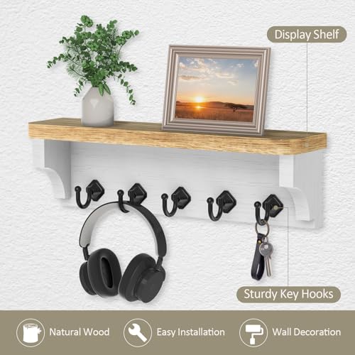 Nekon Key Holder for Wall, 11.8" W x 3.5" H x 2.8" D Decorative Key Organizer with Floating Shelf, Wall Mount Key Rack with 5 Hooks (Wood) - color: Wood