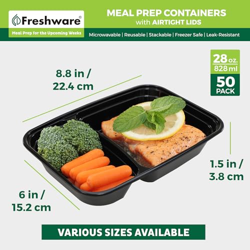 Freshware Meal Prep Containers [50 Count ] 2 Compartment with Lids, Food Storage Containers, Bento Box, BPA Free, Stackable, Microwave/Dishwasher/Freezer Safe (28 oz) - size: 2-COMP-50PK