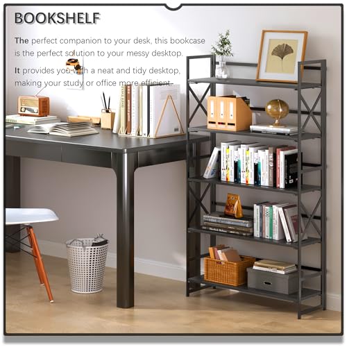 4NM Extra Wide 5 Tiers No Assembly Book Shelves, 51.2" H Folding Bookshelf Bookcase Open Industrial Foldable Shelves for Bedroom, Living Room, Home Office - All Black - color: All Black, size: Wide XX 5-Tier