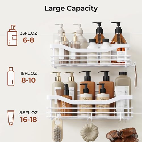Orimade Shower Caddy Basket Shelf Storage Rack, No Drilling Wall Mounted Adhesive Rust Resistant Stainless Steel Shower Organizer with 5 Hooks for Bathroom, White 2 Pack - color: White, size: 4.56"D x 11.02"W x 3.11"H