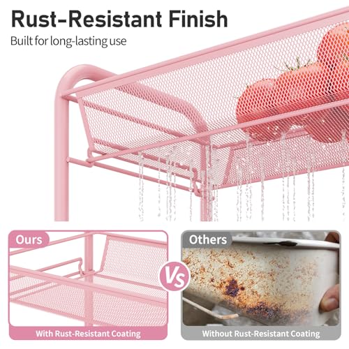 TOOLF 3 Tier Rolling Cart Pink - Metal Storage Organizer with Wheels, 33 lbs Shelf Capacity, Easy 5-Min Assembly, for Girls Room Bathroom Kitchen Office Nursery, Compact Design for Small Spaces, Pink - color: Pink, size: 3-Tier