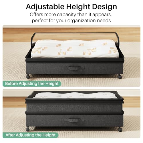 Kitstorack 2Pack Height-adjustable Under Bed Storage with Wheels, Under Bed Storage Containers,Under Bed Shoe Storage Organizer with Clear Window&Label, Suitable for Clothes Storage, Black - color: Black, size: 2 Pack