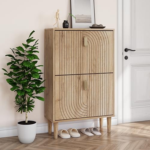 Smuxee Shoe Cabinet with 2 Flip Drawers, 23.6" Oak Hidden Shoe Storage Cabinet with Line Groove Design, Freestanding Shoe Organizer Cabinet for Entryway, Hallway, Living Room - color: Oak With Flip Drawers, size: 23.6" (60 cm)