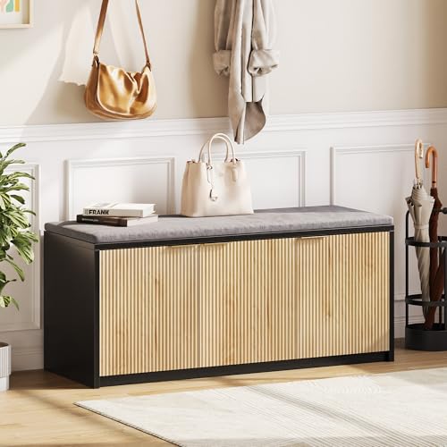 2-Tier Shoe Storage Bench with 3 Doors & Adjustable Shelf, Removable Padded Seat Cushion, 41.3" Entryway Bench for Living Room, Bedroom, Hallway – Wood Grain & Black Modern Farmhouse Design - color: Natural & Black, size: 41.3"