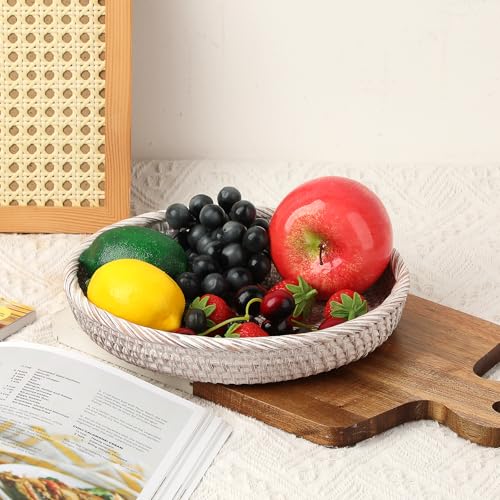 Hipiwe Round Key Bowl for Entryway, 9" Decorative Rattan Tray Woven Wicker Storage Holder Serving Basket Tray for Fruit Snacks Candy, Whitewash - color: Whitewash, size: Small, 8.6"