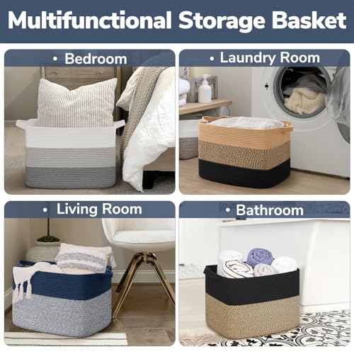 Goodpick Woven Baskets for Organizing, 18" x 14" x 12" Large Storage Basket for Living Room Bedroom, Decorative Toy Baskets Storage Kids Rectangle Blanket Basket with Handles, Dark Blue - color: Blue, size: 18"L x 14"W x 12"H