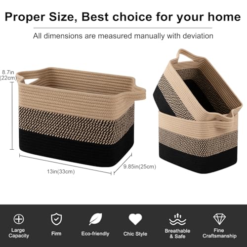 OIAHOMY Storage Basket, Woven Baskets for Storage, Cotton Rope Basket for toys,Towel Baskets for Bathroom - Pack of 3, Black & Brown - color: Black & Brown, size: 3 pcs-13”x9.9”x8.7”