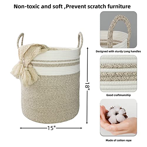XUANGUO Cotton Rope Laundry Basket Hamper for Clothes Woven Storage Basket for Living Room Bedroom Boho Tall Rope Baskets for Blanket Toys Pillow Towels Baby Nursery Hamper Bin Large brown and white - color: brown and white, size: Regular