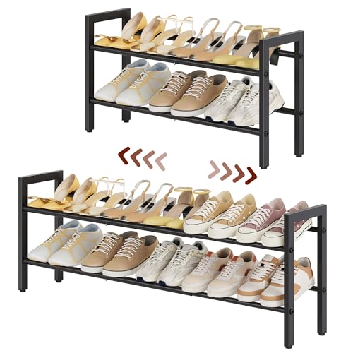 FAVOOSTY 2-Tier Expandable Shoe Rack, Adjustable Shoe Shelf Storage Organizer Space Saving Metal Free Standing Shoe Rack for Entryway Closet Doorway, Black - color: Black, size: 2 Tier