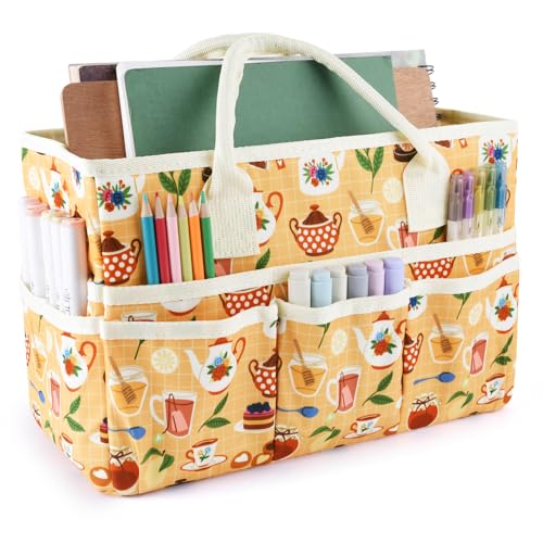 E-WEICHEN Craft Organizer Tote Bag Art Storage Caddy with Multiple Pockets Containers for Art,Craft,and Office Supplies Storage.Yellow Teapot - color: Yellow Teapot