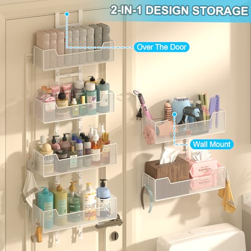 Hongtamoya Over The Door Organizer, Metal Hanging Door Organizer with 6 Adjustable Baskets and 5 Hooks, Behind The Door Storage for Closet Pantry Cabinet Kitchen Bathroom Bedroom, White - color: White Mesh Basket