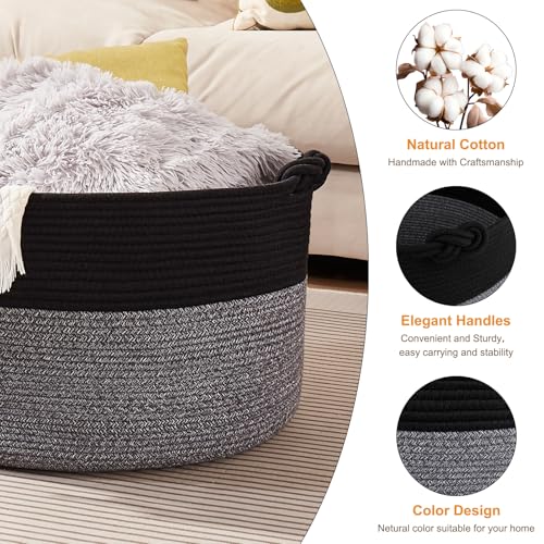 OIASKET Large Blanket Storage Basket for Living Room, 22.8" x 22.8" x 13" Woven Cotton Rope Basket with Handles, Baby Toy Storage, Laundry Hamper for Clothes, Pillows, Towels-Black and Grey - color: Black and Grey, size: 90L
