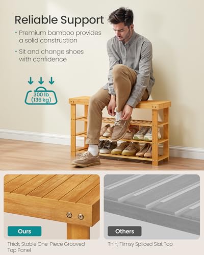 SONGMICS Shoe Rack Bench, 4 Tier Bamboo Shoe Storage Organizer, Entryway Bench, for Living Room, Bathroom, Bedroom, 11.3 x 35.2 x 20.5 Inches, Light Bamboo ULBS390YL01 - color: Light Bamboo, size: 11.3"D x 35.2"W x 20.5"H
