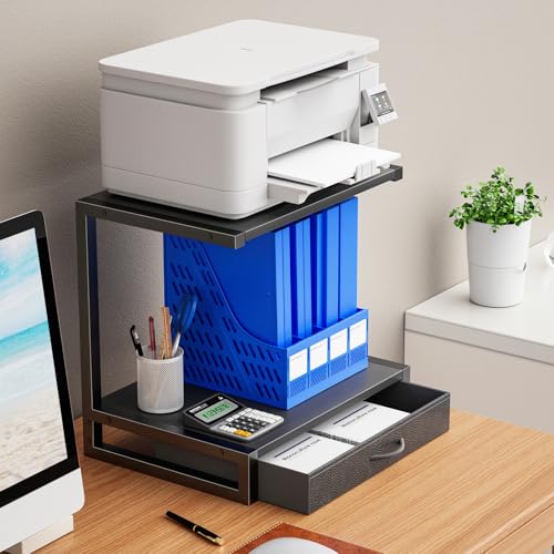 YAOHUOO 2-Tier Desktop Printer Stand with Fabric Drawer, Prtiner Table with Storage Shelf, Desk Organizer for Home Office,3D Printer,Fax Machine,Scanner, 17.3"x11.8" Black - color: Black, size: Middle