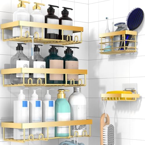 Moforoco Adhesive Shower Caddy Organizer Shelves Rack - 5 Pack Corner Bathroom Storage Organization, Home & Kitchen Decor Inside RV Accessories, Hanging First Apartment Household Camper Essentials - color: Gold