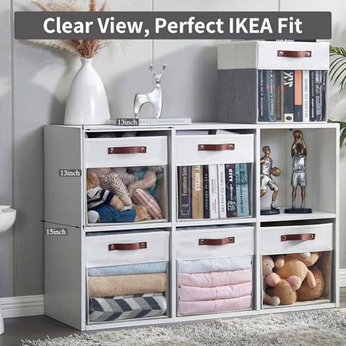 Bagnizer Storage Cubes, 4 Pack Linen Foldable Storage Bins with Clear Window and 2 Handles, 13x15x13 Storage Cube Bins for Shelf Closet, Kallax, Clothes, Books - (Gray and White) - color: Gray / Off-White, size: 13 x 15 x 13