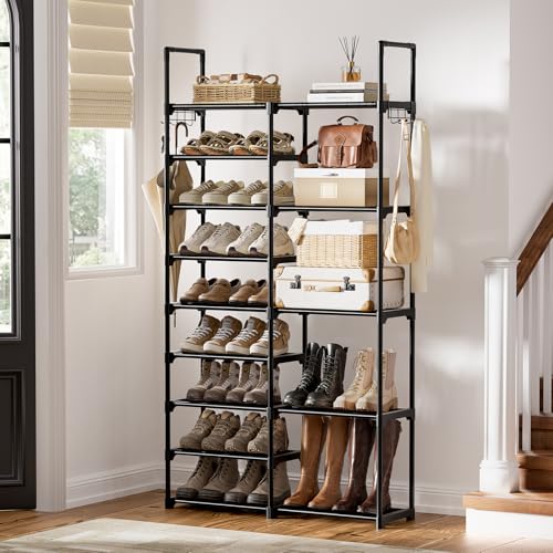 WOWLIVE 9 Tiers Shoe Rack Shoe Storage Shoe Organizer 30-35 Pairs Shoe Tower Unit Shelf Durable Metal Pipes with Plastic Connectors Stackable Cabinet Black(SSS2B9) - color: Black, size: 2 Row 9 Tier