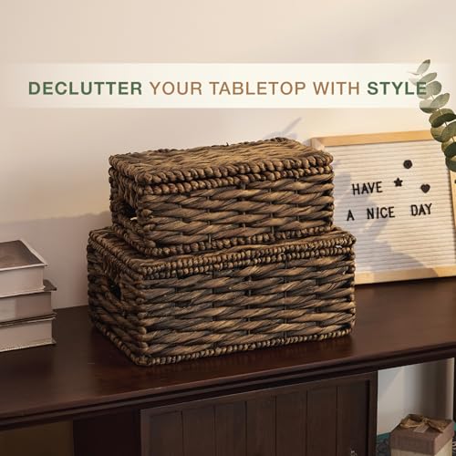 Set of 2 Black Wicker Baskets with Lid - color: Black