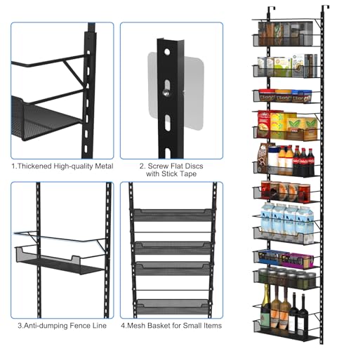 VyGrow Over the Door Pantry Organizer, 10-Tier Over the Door Organizer with Adjustable Basket, Door Organization for Pantry Kitchen Storage Room Spice Rack, Black - color: Black, size: 16.5"W 10-Tier