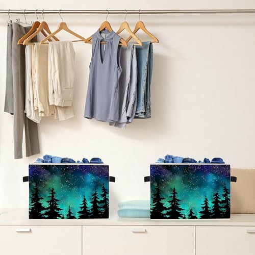 Starry Night Forest Storage Box Bins, Galaxy Star Sky Pine Tree Woods Collapsible Storage Basket Organizer for Bedroom Laundry Room Home Clothes Toys Books, Toybox for Girls Boys - color: Starry Night