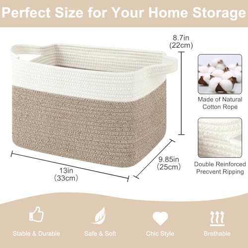OIASKET Storage Baskets for Organizing, Woven Baskets for Shelves, Rectangle Decorative Organizer for Storage Clothes, Toy, Books, Towels Nursery Bins 3 Pack (Brown & White, 13"x9.85"x8.7") - color: Brown & White, size: 13"x9.85"x8.7"