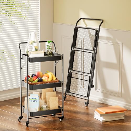 JAQ No Assembly Foldable Rolling Cart, 3 Tier Black Metal Folding Utility Cart with Handle, Heavy Duty Mobile Storage Organizer on Wheels for Office, Garage, Tools & Kitchen (Black) - color: Black/3-tier, size: No Assembly