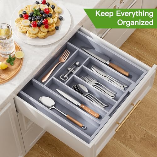 Pipishell Bamboo Expandable Drawer Organizer for Utensils Holder, Adjustable Cutlery Tray, Wood Drawer Dividers Organizer for Silverware, Flatware, Knives in Kitchen, Bedroom, Living Room(M-Grey) - color: Grey, size: Medium