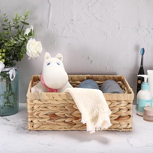 Wicker Basket for Shelf Woven Open Storage Bins with Built-in Handles Handwoven Water Hyacinth Storage Baskets Box for Living Room Bathroom Kitchen,13.8"L x 9.3"W x 5"H - size: 13.8"L x 9.3"W x 5"H