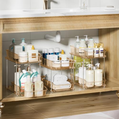 Delamu 2-Tier Under Sink Organizers and Storage, Multi-Purpose Stackable Bathroom Cabinet organizers, Pull Out Kitchen Pantry Organization and Storage with Dividers(3 Pack, Amber) - color: Amber, size: 3 Pack