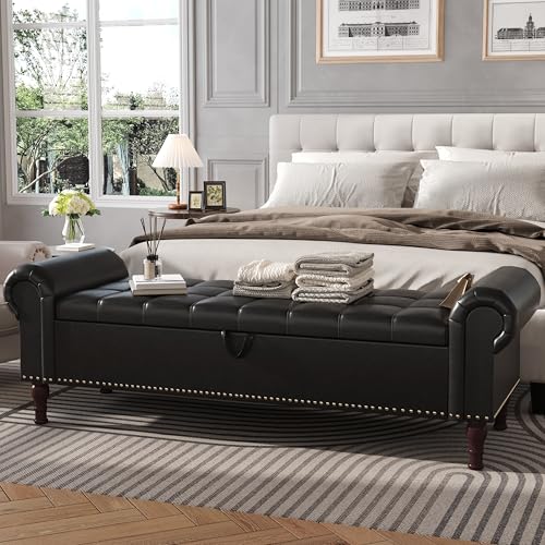 Apicizon 60” Bench with Storage, Queen Size Faux Leather End of Bed Bench with Tufted Button, Ottoman Bench with Rolled Arms & Vintage Rivets for Foot of Bed, Living Room, Entrance, Black - color: Black, size: 60 Inches