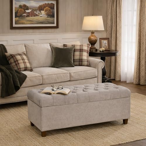 Homepop Home Decor | Tufted Ainsley Button Storage Ottoman Bench with Hinged Lid | Ottoman Bench with Storage for Living Room & Bedroom, Grey - color: Grey