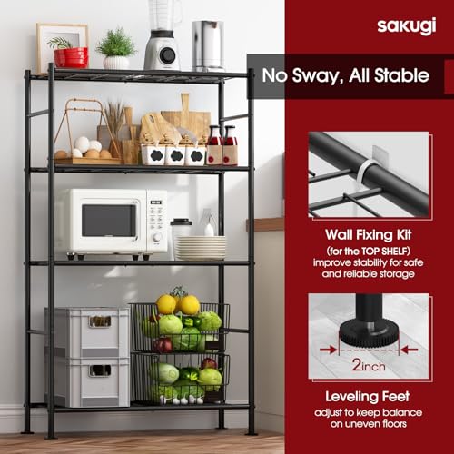 Sakugi Storage Shelves - 4 Tier Shelf Organizer, Heavy Duty Garage Shelving Unit with Leveling Feet, Stable Metal Shelves Organizer for Pantry, Kitchen and Closet, 33.0" W x 12.6" D x 57.2" H, Black - color: Black, size: 33.0W×12.6D×57.2H(4T)