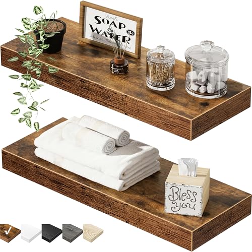 QEEIG Bathroom Floating Shelves for Wall - 15.7" Wall Mounted Shelf Over Toilet Farmhouse Home Decor Display Bookshelf Small 15.7 x 6.7 inch Set of 2, Rustic Brown (008-40BN) - color: A. Brown, size: 15.7"