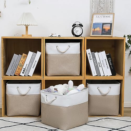 MidmmVick 13 x 13 Inch Cube Storage Bins, 4 Pack Large Collapsible Fabric Storage Bin with Ropes, Foldable Storage Cubes for Home, Office,Closet, Clothes, Toys Organizer (White & Beige) - color: White&Beige-13"x13"x13"