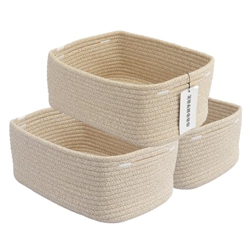 XUANGUO Small Woven Storage Baskets 12“X8”X5“ Decorative Rope Bins for Organizing Shelves, Closets, and Toys, Empty Gift Baskets, Cute Organizer Basket for Home and Office (oatmeal, regular) - color: oatmeal, size: regular