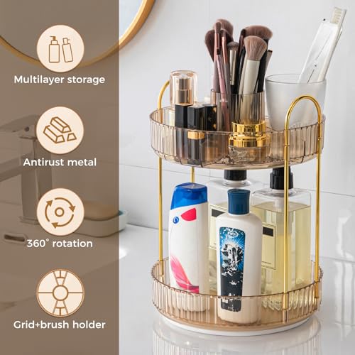 360° Rotating Makeup Organizer, Upgraded 2 Tier Skincare Perfume Organizers for Women, Bathroom Organizer Countertop, Clear Cosmetic Dresser Organizer with Makeup Brush Holder, Sink&Counter(Amber) - color: Gold, size: 2 Tier