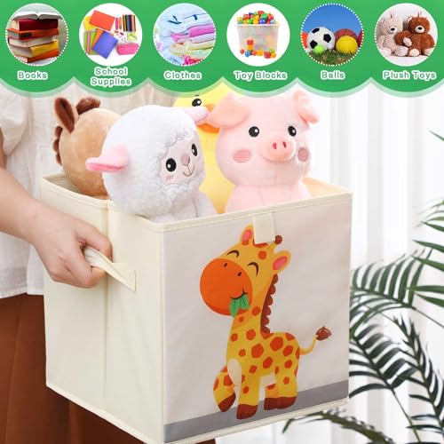 Kigley 6 Pcs Collapsible Cube Storage Bins Kids Foldable Storage Cube Organizer Fabric Toy Box Decorative Kids with Handles for Home Nursery Bedroom, 10.6 x 10.6 Inch(Cute Animal) - style: Cute Animal