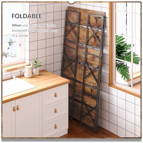 4NM Extra Wide 6 Tiers No Assembly Book Shelves, 61.8" H Folding Bookshelf Bookcase Open Industrial Foldable Shelves for Bedroom, Living Room, Home Office - Rustic Brown Black - color: Rustic Brown Black, size: Wide XX 6-Tier