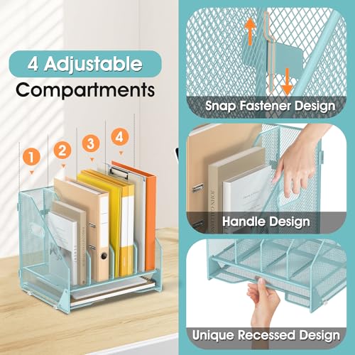 Desk File Folder Holder Organizer-4 Vertical Compartments Racks and Paper Letter Tray,Mesh Magazine File Holder Sorter,Desktop Accessories & Workspace Organizers for Home,Office,School-Blue - color: 4 Compartments-blue